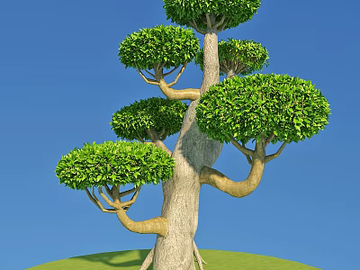 Lush Green Tree With Thick Trunk Curved Branches And Green Grass Base 3d model