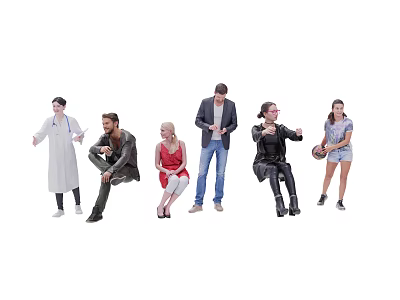 Group of People in Different Poses with White Coat Red Dress Phone Basketball and Sunglasses 3d model