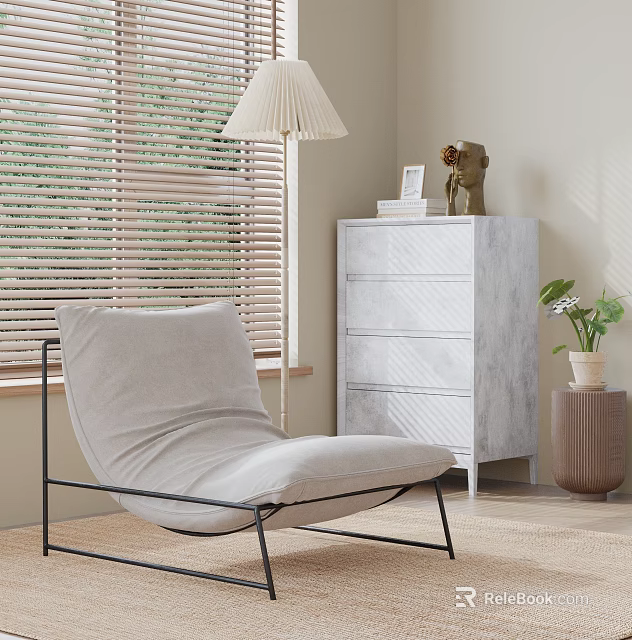 Modern Light Gray Chaise Lounge With Black Metal Frame By Window Blinds And Marble Drawers 3d model 
