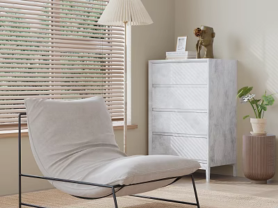 Modern Light Gray Chaise Lounge With Black Metal Frame By Window Blinds And Marble Drawers 3d model