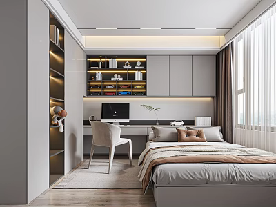 Modern Tatami Bedroom Interior Design With Bed Desk Chair And Bookshelf 3d model