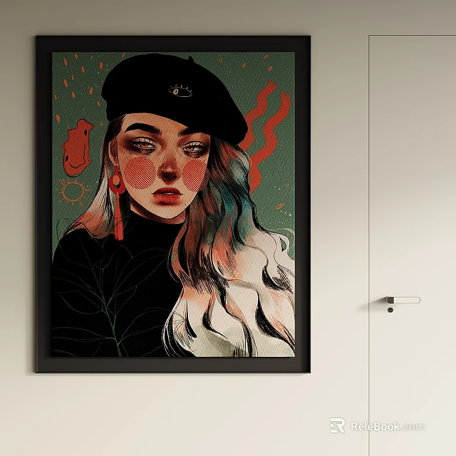 Vibrant Abstract Portrait Painting of Woman With Beret and Colorful Hair 3d model 