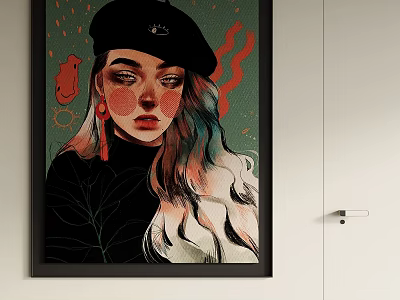 Vibrant Abstract Portrait Painting of Woman With Beret and Colorful Hair 3d model