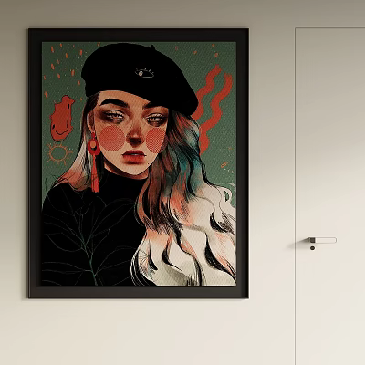 Vibrant Abstract Portrait Painting of Woman With Beret and Colorful Hair 3d model
