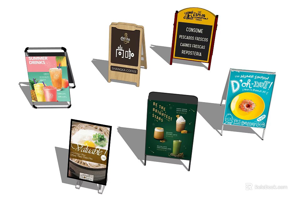 Advertising Billboards With Various Themes Including Coffee Juice Donuts And Healthy Food Stand Designs 3d model 