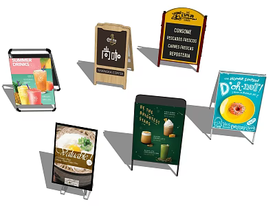 Advertising Billboards With Various Themes Including Coffee Juice Donuts And Healthy Food Stand Designs 3d model
