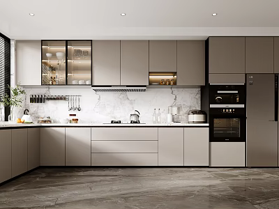 Modern Kitchen Interior Design With Gray Cabinets Marble Countertop Glass Door Cabinets And Appliances 3d model