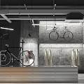 Industrial Style Bicycle Store Interior Design with Green Plant Bicycle Decorations and Modern Counter
