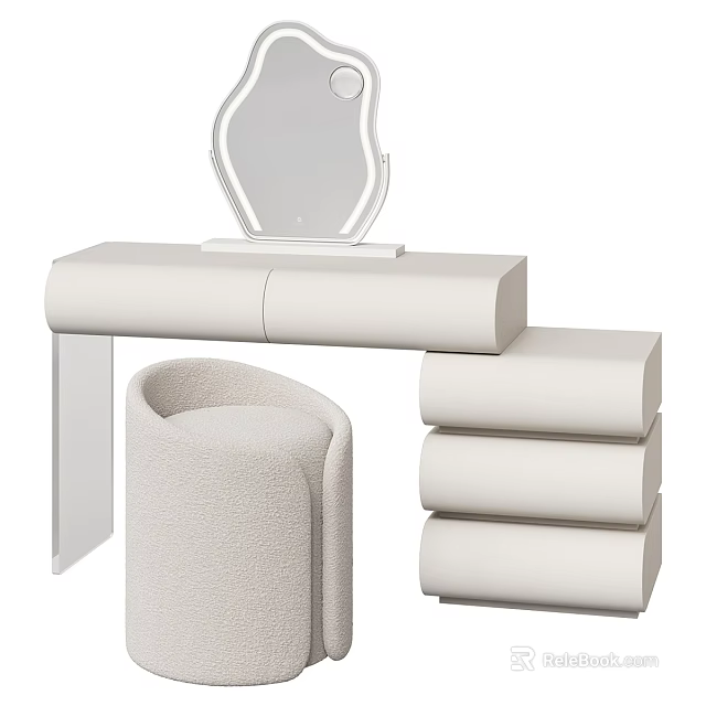 Modern Minimalist White Desk Setup With Mirror Curved Stool And Stacked Storage Rolls 3d model 
