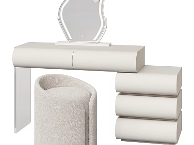 Modern Minimalist White Desk Setup With Mirror Curved Stool And Stacked Storage Rolls 3d model