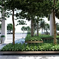 Modern Hotel Building with Palm Trees Water Fountain Glass Facade and White Pergola Landscaping