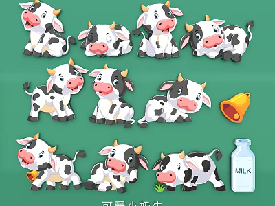 Cute Cartoon Cow Themed Wall Decor With Bell And Milk Bottle Elements 3d model