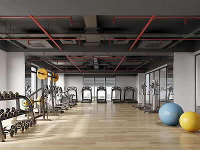 Fitness Gym Interior With Treadmills Dumbbells And Exercise Balls On Wooden Flooring 3d model