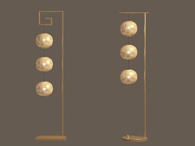 Floor Standing Golden Lanterns Featuring Three Spherical Lights In Vertical Arrangement 3d model