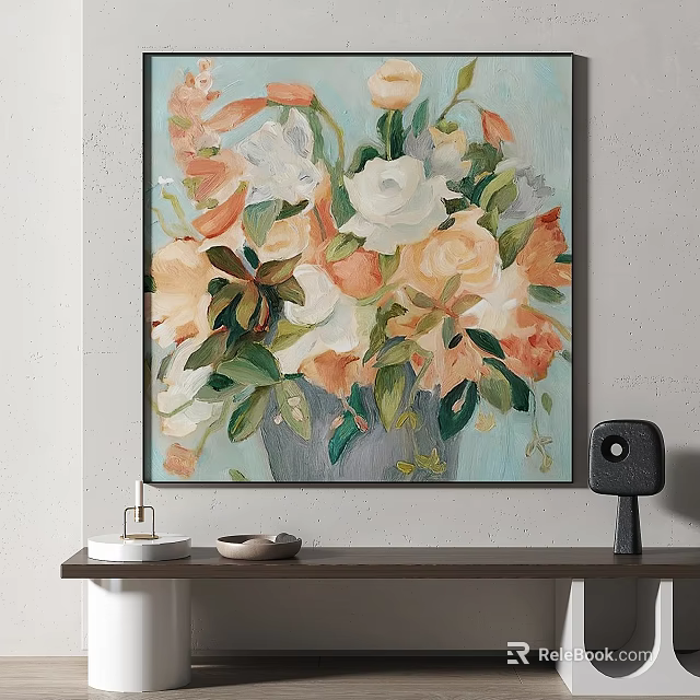 Vibrant Flower Painting With White Orange Blooms Green Leaves And Gray Vase Wall Decor 3d model 