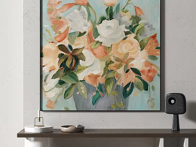 Vibrant Flower Painting With White Orange Blooms Green Leaves And Gray Vase Wall Decor 3d model