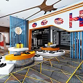 Modern Clothing Store Interior With Orange Lion Sculpture Round Display Platform Blue Partition Geometric Floor