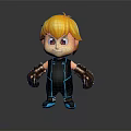 3D Cartoon Game Character With Orange Hair Red Eyes Black Jumpsuit And Brown Gloves