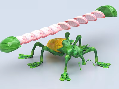 Green Insect Like Game Movie Character With Segmented Tail And Yellow Body 3d model