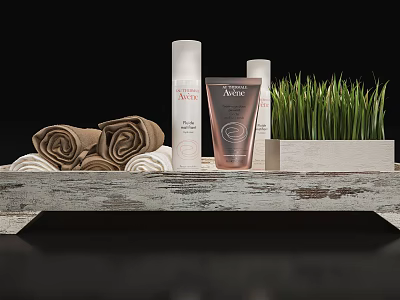 Stylish Bathroom Accessories with Rolled Towels Lotion Bottles and Green Grass on Wooden Tray 3d model