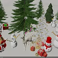 Santa Claus Standing Among Snowmen Reindeer And Decorated Christmas Tree With Gifts