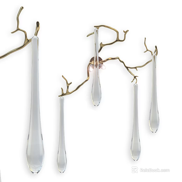 Modern Branch Like Wall Lamp With Golden Metal And Crystal Pendants 3d model 