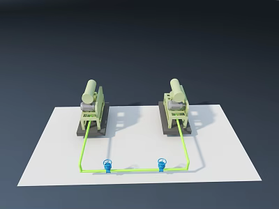 Two Green Industrial Equipment on White Platform with Green Pipes and Blue Components 3d model