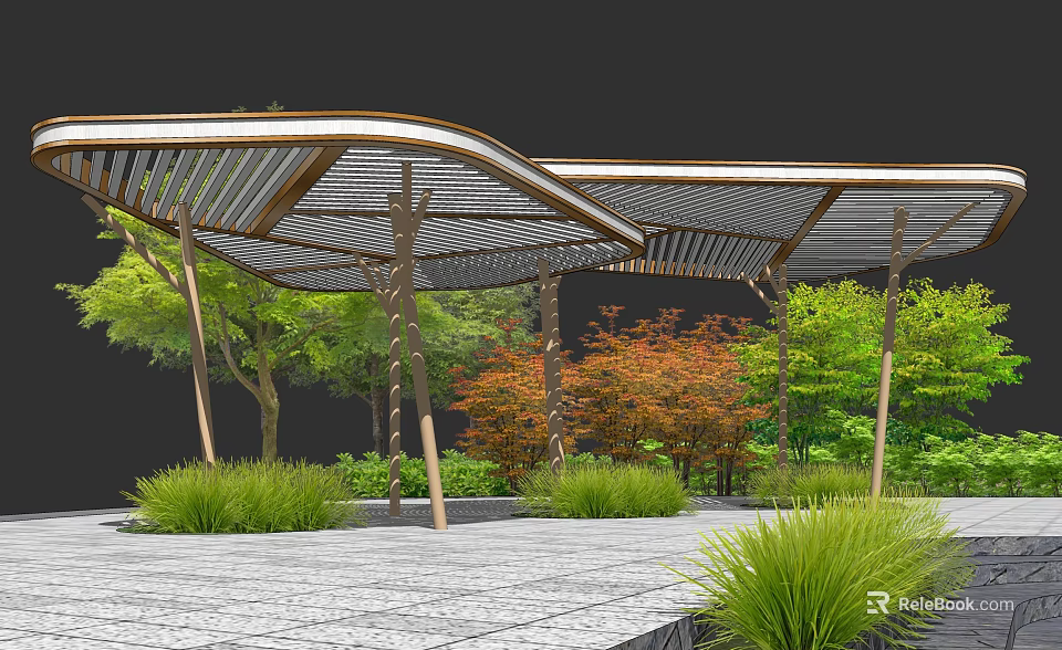 Modern Outdoor Pergola With Metal Frame Lattice Roof And Garden Greenery Red Foliage Stone Pavement 3d model 