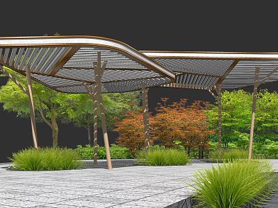 Modern Outdoor Pergola With Metal Frame Lattice Roof And Garden Greenery Red Foliage Stone Pavement 3d model