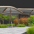 Modern Outdoor Pergola With Metal Frame Lattice Roof And Garden Greenery Red Foliage Stone Pavement
