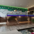 Modern Chinese Style Restaurant Interior With Wooden Decor Reception Desk Green Plants And Warm Lighting