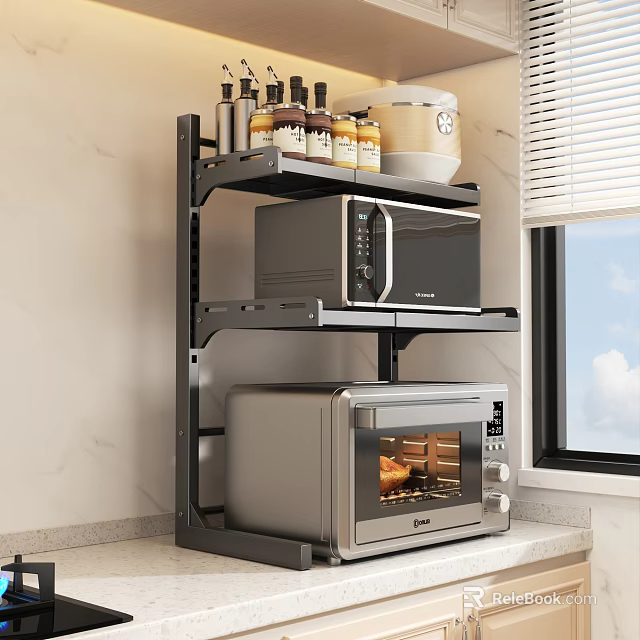 Space Saving Kitchen Shelf With Microwave Oven Bottles And Container On Countertop 3d model 