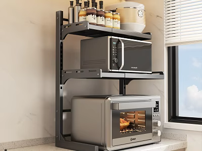 Space Saving Kitchen Shelf With Microwave Oven Bottles And Container On Countertop 3d model