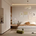 Modern Minimalist Bedroom Interior With Cozy Bed Wall Art Pendant Light Soft Rug And Large Window