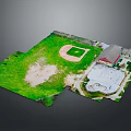 Aerial View Of Recreational Area With Baseball Field Green Grass Building And Swimming Pool