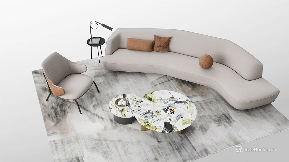 Modern Curved Light Sofa With Patterned Coffee Tables Accent Chair And Decorative Pillows 3d model