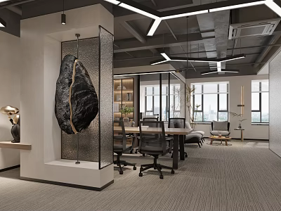 Modern Office Interior Design With Black Decorative Stone Glass Partitions Office Desks And Windows 3d model