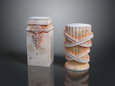 Decorative Stone Columns With Square Ornate Carvings And Cylindrical Twisted Design 3d model