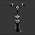 Vintage Green Motorcycle with Red Seat Metal Frame Handlebars Two Wheels Unique Design