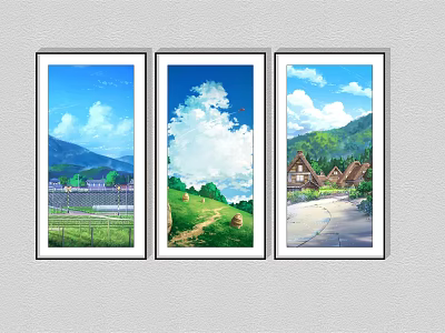 Scenic Landscape Paintings With Blue Sky White Clouds Green Hills And Country Cottages 3d model
