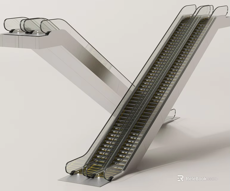 Modern Stainless Steel Escalator For Public Area With Moving Steps And Handrails 3d model 