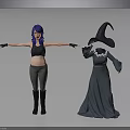 3D Character Models Featuring Blue Haired Woman With Arms Outstretched And Wizard In Dark Robe