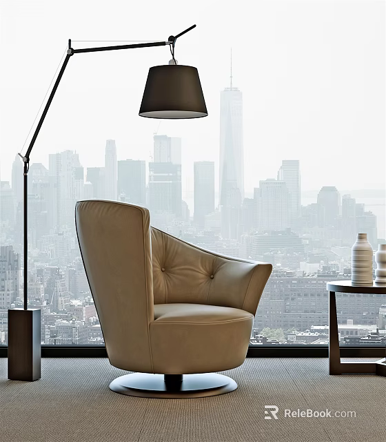 Beige Leather Accent Chair in Modern Room with City View Large Window and Floor Lamp 3d model 