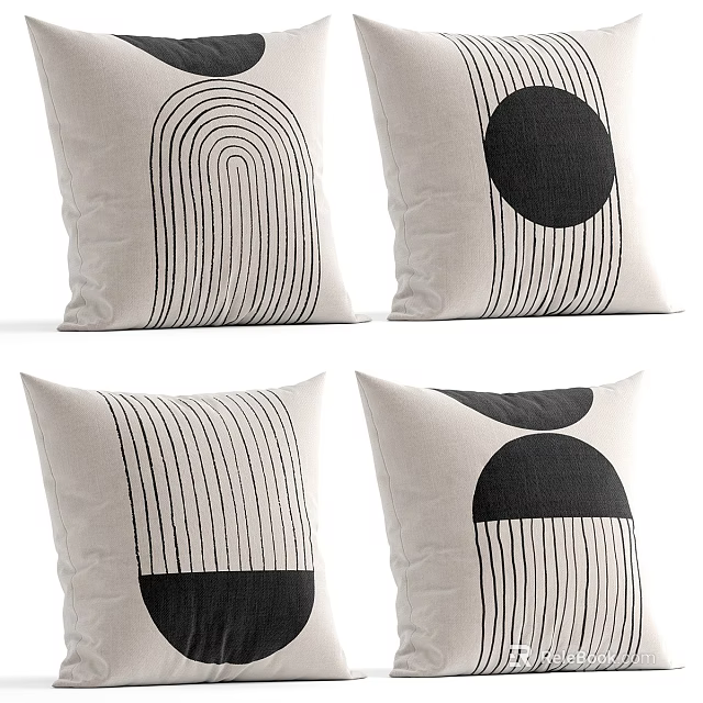 Minimalist Black And White Geometric Pattern Pillows With Lines Circles And Arcs 3d model