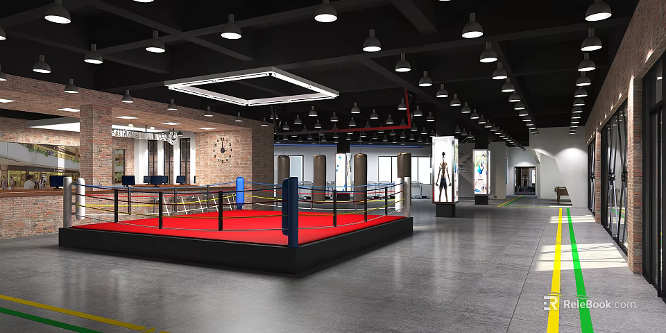 Modern Boxing Gym Interior With Red Ring Punching Bags And Training Equipment 3d model 