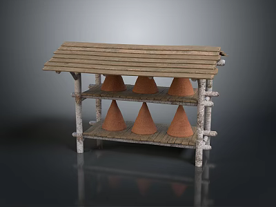 Rustic Wooden Storage Rack with Two-Tiered Shelves Slatted Top Holding Conical Objects 3d model
