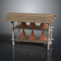 Rustic Wooden Storage Rack with Two-Tiered Shelves Slatted Top Holding Conical Objects
