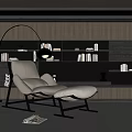 Modern Lounge Chair With Ottoman Interior Wooden Wall Black Bookshelf Floor Lamp And Striped Rug