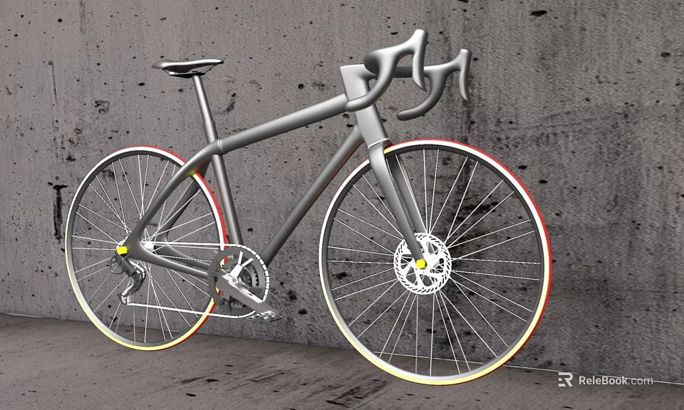 Sleek Silver Road Bicycle With Curved Handlebars Red Yellow Rim Accents Against Gray Wall 3d model 