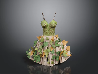 Green Beige Dress With Green Yellow Leaf Decorations For Daily Life Use 3d model